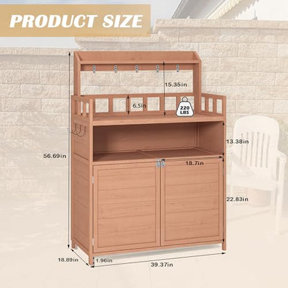 Outdoor Potting Bench for Garden Solid Fir Wood, 39.37" W x 18.9" D x 55.12" H, Brown Storage Cabinet & Top Shelf