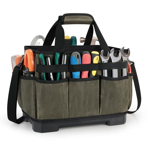 Marscamd Waxed Canvas Tool Bag with Hard Bottom and 8 Pockets - color: Dark Green