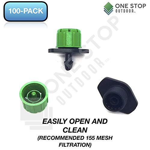 (100-PACK) - 360 Degree 1/4" Inch Universal Barbed Drip Emitter - Adjustable Flow 0-18.5 GPH Fit 1/4 (4-7mm) Drip Irrigation Tubing - Professional Grade Drippers for Drip Irrigation - color: Dripper On Barb