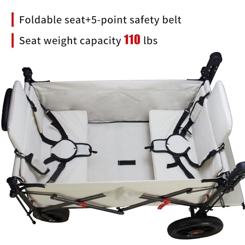 TMZ Collapsible Wagon with 2 Foldable Seats, Folding Cart with Removable Canopy, Heavy Duty Wagon 265LBS Load Capacity for Camping Garden Shopping (Beige) - color: Beige