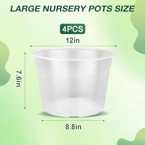12 Inch Clear Nursery Pots with Drainage Holes, 4 Pack Flexible Large Plant Pots for Plants, Plastic Clear Nursery Pots for Seedling, Shrubs, Herbs, Flowers, Vegetables - size: 12 Inch