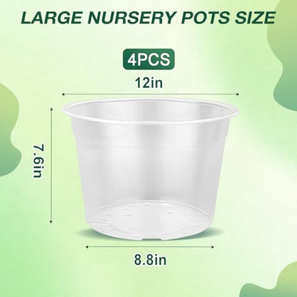 12 Inch Clear Nursery Pots with Drainage Holes, 4 Pack Flexible Large Plant Pots for Plants, Plastic Clear Nursery Pots for Seedling, Shrubs, Herbs, Flowers, Vegetables - size: 12 Inch