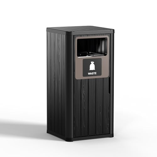 PatioZen Outdoor Single Barrel Trash Can,Waterproof Resin Garbage Can with Garbage Labels,Durable Waste Bin for Porch, Backyard,Kitchen,for 30 to 39 Gallon Trash Bags - color: Black, size: 16*16*35