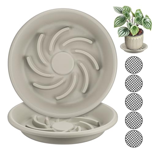 M METERXITY 2-Pack Plant Saucer, 7.3 Inch/ 18.5cm Plastic Plant Trays Thicker for Pots/Indoor/Outdoor/Water Drainage and Protection, Flowerpot Drip Tray [Grayish White] - size: 7.28 in