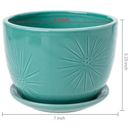 MyGift 7-Inch Turquoise Ceramic Planter Pot with Drainage Hole & Saucer - color: Turquoise