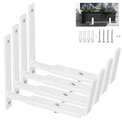Y&M 4 Pack Adjustable Planter Box Brackets (6 to 12.5 in), Universal Window Box Brackets, Heavy Duty Iron Flower Box Wall Mounting Hooks for Balcony, Fences, Patio, and Garden - White - size: 4pcs White