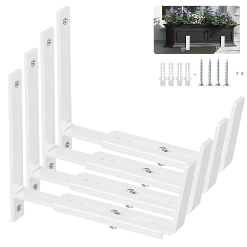 Y&M 4 Pack Adjustable Planter Box Brackets (6 to 12.5 in), Universal Window Box Brackets, Heavy Duty Iron Flower Box Wall Mounting Hooks for Balcony, Fences, Patio, and Garden - White - size: 4pcs White
