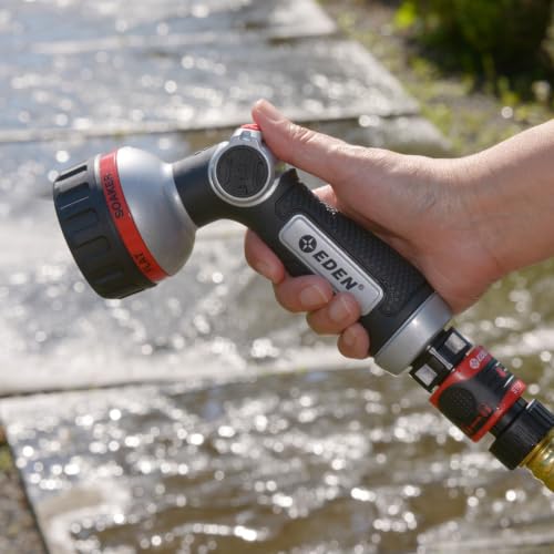 Eden Metal 6-Pattern Hose Nozzle: Thumb Operated, Heavy-Duty Aluminum Core - style: Angled Thumb Control