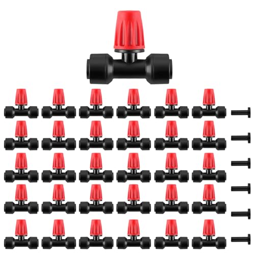 Kalolary 30Pcs Push-to-Fit Drip Irrigation Spray Emitters for 1/4" Tubing - size: 1/4” Push-to-Connect Tee- Misting- 30P Red