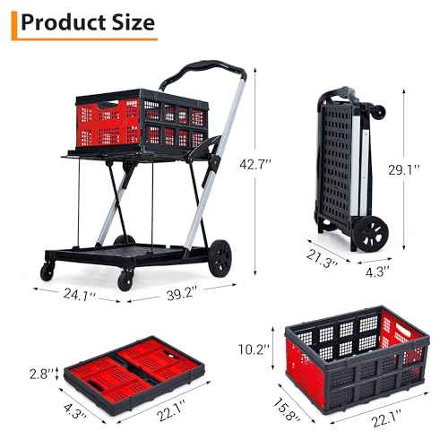 Heavy-Duty 2-Tier Collapsible Garden Utility Cart – Removable Crate, 360° Swivel Wheels, Lightweight Aluminum Frame, Collapsible Yard Trolley for Groceries, Laundry, Office, Red - color: Red