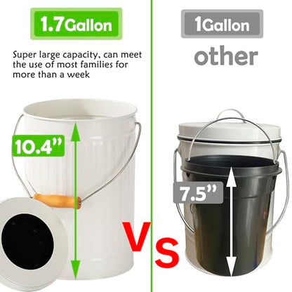 1.7 Gallon Kitchen Compost Bin, Indoor Countertop Compost Bin with Lid, 100% Rust Proof Compost Bucket with Non-Smell Charcoal Filters (White)