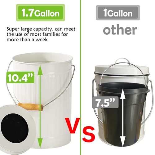 1.7 Gallon Kitchen Compost Bin, Indoor Countertop Compost Bin with Lid, 100% Rust Proof Compost Bucket with Non-Smell Charcoal Filters (White)