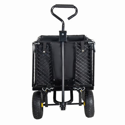4-in-1 Steel Dump Garden Cart, 880lbs Oversized Pullable Mesh Metal Cart, All-Terrain Utility Cart with Removable Liner, Side Panels & Mesh Tray, Black for Outdoor Lawn Patio Landscaping