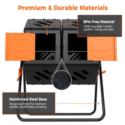 45 Gallon Large Compost Tumbler Outdoor, Dual Chamber Compost Bin