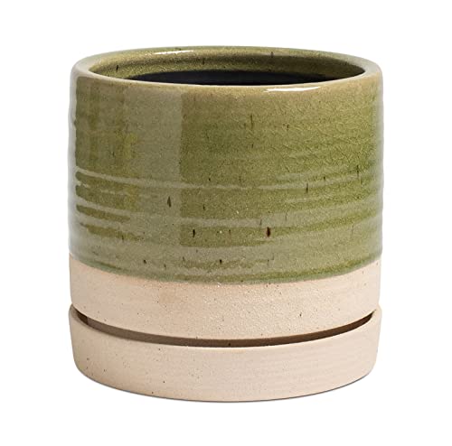 HERDUK 6 Inch Plant Pots, Ceramic Planter Pot with Drainage Hole & Saucer, Indoor/Outdoor Cylinder Round Planter Pot, Green & Beige - color: Green & Beige, size: 6 Inch