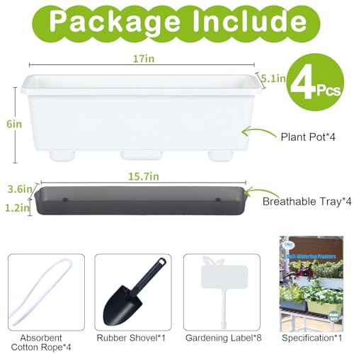 Window Box Planter 4 Packs, 17 Inches Rectangle Flower Pots with Drainage Holes & Trays, Pots for Vegetables, Herbs, Flowers, Garden Windowsill Balcony (White, 17 * 5.1 * 6 inch) - color: White