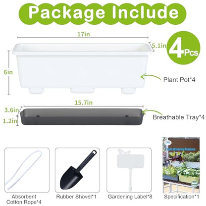 Window Box Planter 4 Packs, 17 Inches Rectangle Flower Pots with Drainage Holes & Trays, Pots for Vegetables, Herbs, Flowers, Garden Windowsill Balcony (White, 17 * 5.1 * 6 inch) - color: White