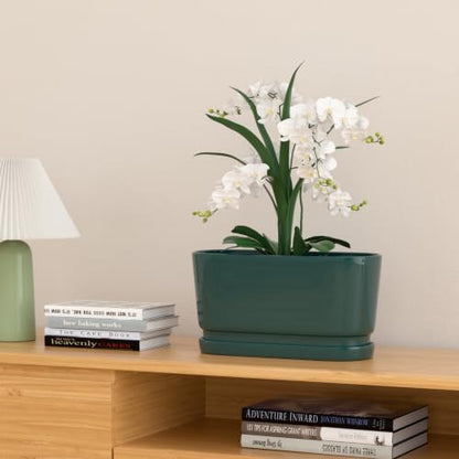 13" Rectangular Ceramic Planter with Drainage and Saucer, Green - color: Green, size: Large