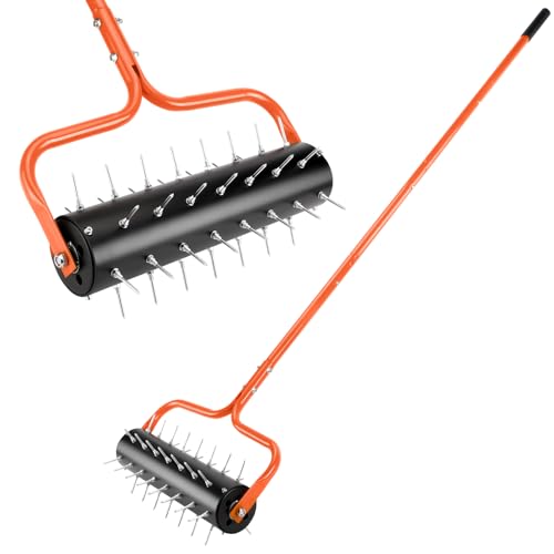 21" Rolling Lawn Aerator, 45 Preassembled Spikes, Only Needs 3-5 Minutes to Assemble, No Looseness, Good Package, 75" Long Handle with Quick Clip Connections, U-Shape Construction - Orange. - size: Orange