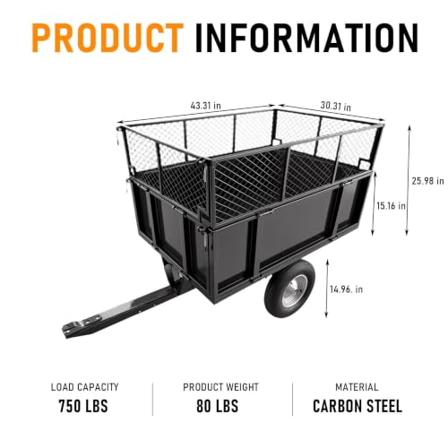 750LBS Heavy Duty Utility Dump Trailer, 19 Cu.Ft ATV Trailer Dump Cart
