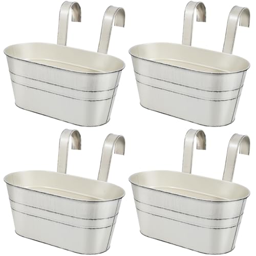 OBTANIM 4 Pack Metal Hanging Flower Pots Iron Railing Planter Outdoor Fence Hanging Pots Bucket Plant Holder with Detachable Hooks Drain Holes for Home Garden Yard Decor (White) - color: White