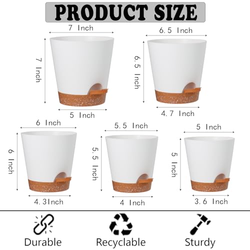 Plant Pots Outdoor Self Watering Pots, Flower Pots with Drainage Hole and Reservoir White Plastic Planters for Indoor Plants Home Decorations Gift Idea 5Pack - color: White, size: 7+6.5+6+5.5+5Inch