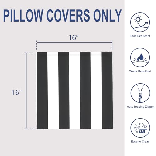 Outdoor 16x16 Inch Throw Pillow Covers Set of 2, All Weather Square Pillow Cases, Covers ONLY, Patio Cushion Pillow of Home Furniture Use, Cabana Black - color: Cabana Black, size: 16" x 16" (Pack of 2)