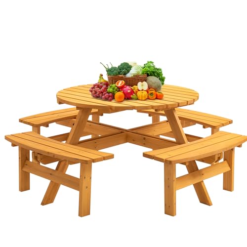 Outdoor Wooden Picnic Table with 4 Built-in Benches and Umbrella Hole for 8 Person，Outside Table and Bench Set Round Picnic Table for Garden, Backyard, Porch,Patio（Natural - size: 8Person-Round-Y