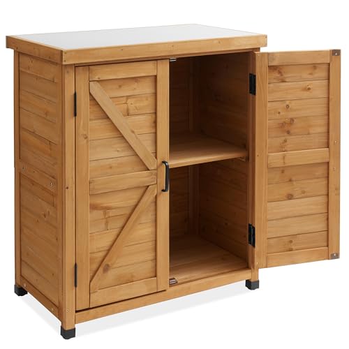 Casafield Outdoor Garden Potting Bench with Metal Tabletop and Storage Cabinet - Wooden Outdoor Garden Patio Workstation Table, Natural