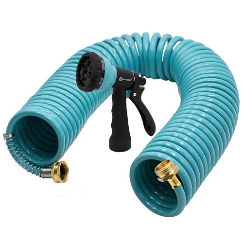 AUTOMAN Coil Garden Hose 50 ft, EVA Curly Water Hose with Brass Connectors, Recoil Garden Water Hose,Includes 7-Pattern Function Sprayer,Retractable,Corrosion Resistant Garden Coil Hose. - color: Turquoise, size: 50ft