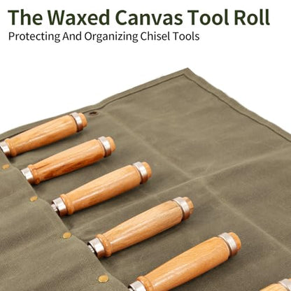 Chisel Roll, 6 Pockets Roll Up Tool Pouch, Waxed Canvas Small Tool Roll - color: Coffee