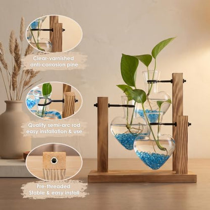 Plant Propagation Station, Heart-Shaped Hydroponic Glass Vase with Wooden Stand Decorative Propagation Stations with Blue Glass Beads for Home Desk Office Gardening Gifts for Plant Lovers