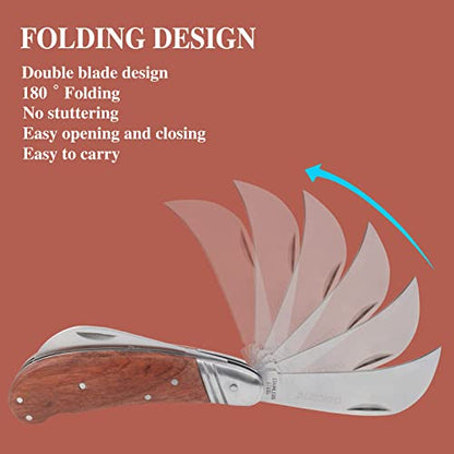 Bigger Double Blade Multi-Purpose Folding Garden Knife with Curved Hawkbill Blade – Perfect for Gardening, Camping & Gifts