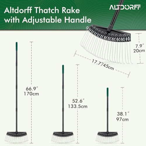Altdorff Thatch Rake with Thin Hook Design Glides, Dethatcher Rake for Lawns with 66.9’’ Steel Handle, Dethatching Thatching Rake for Pine Needles, Dead Grass, Garden Debris