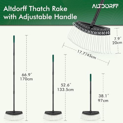 Altdorff Thatch Rake with Thin Hook Design Glides, Dethatcher Rake for Lawns with 66.9’’ Steel Handle, Dethatching Thatching Rake for Pine Needles, Dead Grass, Garden Debris