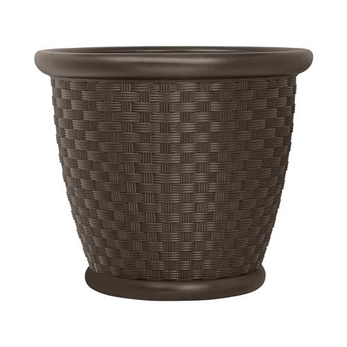Suncast Sonora 22 Inch Plastic Wicker Indoor or Outdoor Decorative Garden Flower Planter for Entryways, Porch, and Backyard Patios, Dark Brown - size: 22 inch