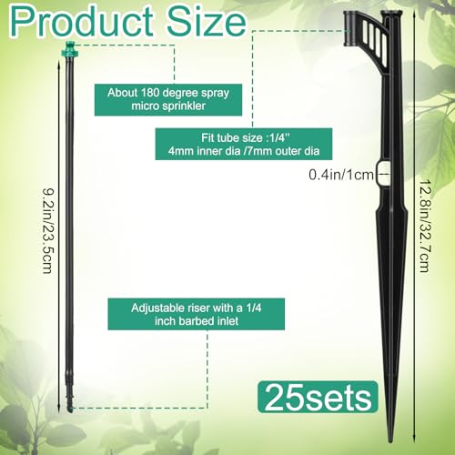 25 Pcs 12.8 Inch Drip Irrigation Stakes with 180 Degree Sprayer Emitters and Sprinkler Extension Riser 1/4 Inch Drip Line Sprinkler Support Stakes for Garden Watering System,Green