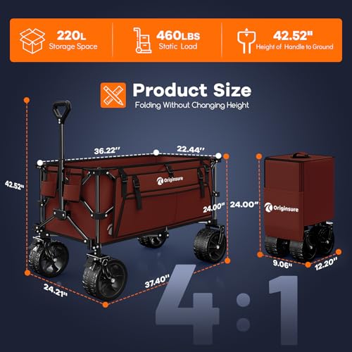 Originsure 220L Collapsible Beach Wagon Cart with Big Wheels, 460lbs, Red - color: Burgundy