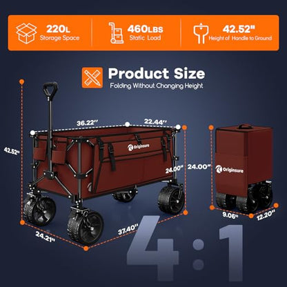 Originsure 220L Collapsible Beach Wagon Cart with Big Wheels, 460lbs, Red - color: Burgundy