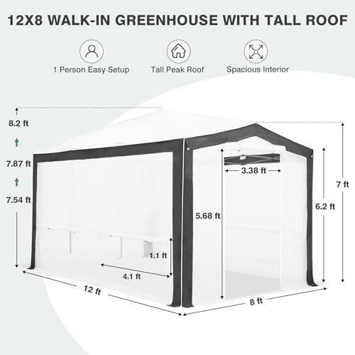 EAGLE PEAK 12x8 Walk in Pop Up Greenhouse, Support Pole, Gray/White - color: Gray/White, size: 12x8