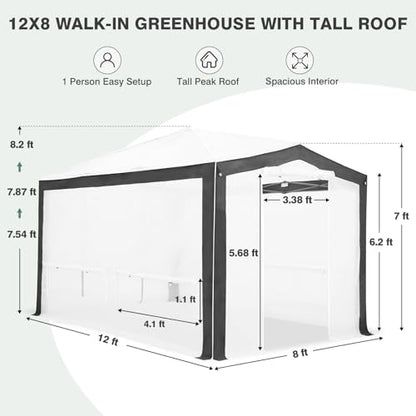 EAGLE PEAK 12x8 Walk in Pop Up Greenhouse, Support Pole, Gray/White - color: Gray/White, size: 12x8