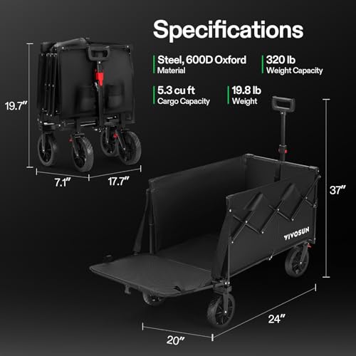VIVOSUN Collapsible Wagon with Tailgate, 320lb Load-Bearing Outdoor Utility with All-Terrain Wheels, Adjustable Handle, Cup Holders for Camping, Shopping, Garden, Sports, Picnic, Black - style: Rear Door Style