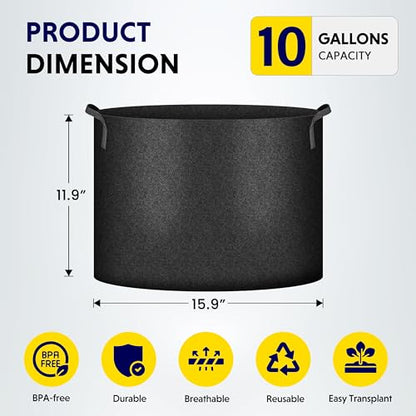 iPower 5-Pack 10 Gallon Plant Grow Bags Thickened Nonwoven Aeration Fabric Pots Heavy Duty Durable Container, Strap Handles for Garden, Black - color: Black, size: 10 Gallon