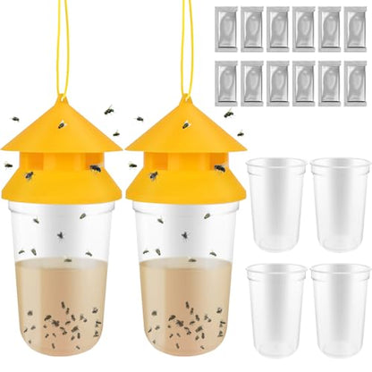 Outdoor Fly Traps, 2 Pack Reusable Hanging Fly Trap for Patio with 12 Non-Toxic Dissolvable Bait Refills, Insect Bug Catcher Killer for All Filth Flies with Ties for Outside Bug Control Yard Ranch
