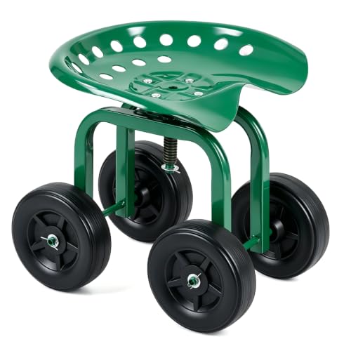 Garden Cart with Seat, Heavy-Duty Rolling Outdoor Wagon Scooter w/Height Adjustable & 360° Swivel Seat, Gardening Work Seat Stool, Patio Scooter on Wheels for Lawn Yard Planting (Green) - color: Green