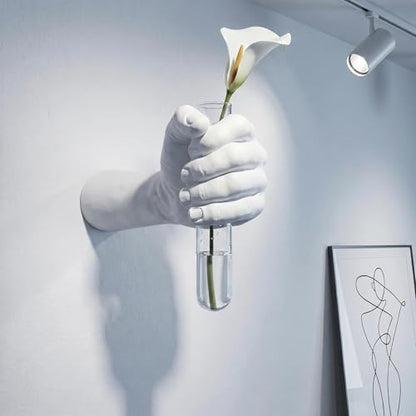 Wall Mounted Hand Vase with Glass Tube, Modern Resin Hand Flower Vase for Dried Flowers & Fresh Blooms, Nordic Minimalist Sculpture for Living Room Bedroom Bathroom Entryway Decor, White
