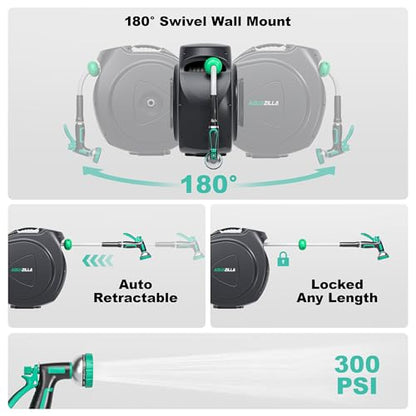 Retractable Garden Hose Reel, 100Ft x 1/2" Durable Wall Mounted Water Hose Reel with 180¡ãSwivel Bracket, 9 Pattern Sprayer, 6Ft leader hose,Smooth Automatic Rewind, Any Length Lock. - size: 100Ft x 1/2"