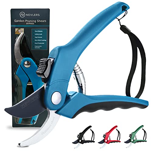 Nevlers 8" Blue Bypass Pruning Shears Heavy Duty Floral Scissors w/ 8mm Cut - color: Blue, size: Bypass