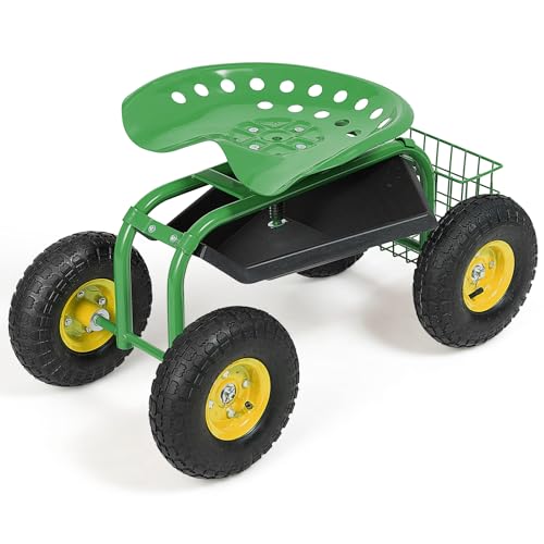 Goplus Garden Seat with Wheels, Rolling Garden Cart with Adjustable 360° Swivel Seat, Tool Tray, Basket for Lawn, Yard, Patio, Heavy Duty Gardening Stool, Outdoor Wagon Scooter for Seniors - color: Green