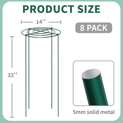 8 Sets Peony Support Cage,14"Diax32"High Heavy Duty Metal Plant Support,Grow Through Hoops Grids with 4 Thickened 5mm Legs,Strong Support Brace for Heavy Blossoms,Flower Support Ring for Peonies,Rose - size: 14"X32"-8PCS